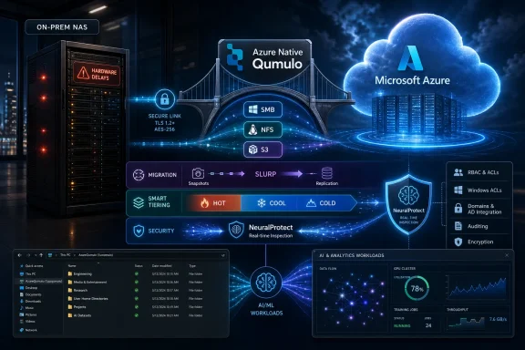 AI and cloud-storage flow graphic for Azure Native Qumulo on-prem NAS with security and tiering.
