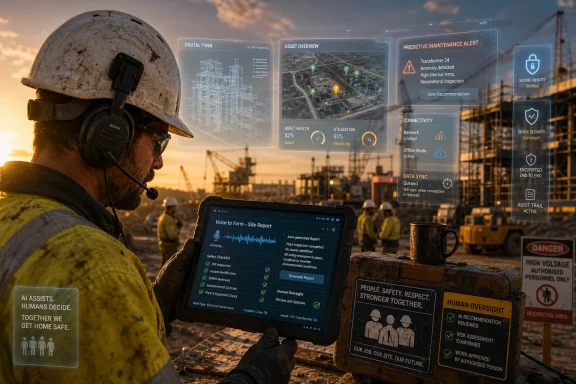 Construction worker monitors AI-enabled site data on a tablet beside secure digital system alerts.