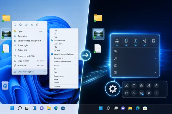 Windows 11 desktop with context menus open beside a glowing blue app action panel.