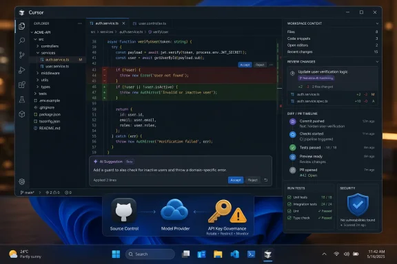 Developer IDE screen with code diff review and AI suggestion for user verification security logic.