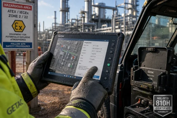 Worker scans an inspection tablet at an industrial plant marked hazardous area with ATEX/IECEx Zone signage.