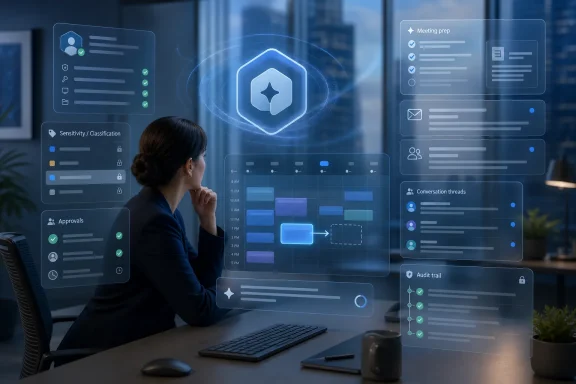 Office worker at a desk reviewing holographic UI dashboards for meetings, approvals, and audit trails.