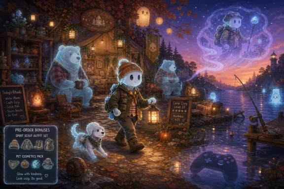 Cozy spirit scout camp at dusk with lanterns, a lantern-lit camper, and ghostly wintery creatures.