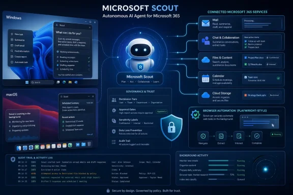 Microsoft Scout AI agent interface diagram connecting email, chat, files, and calendar with governance and browser automation.