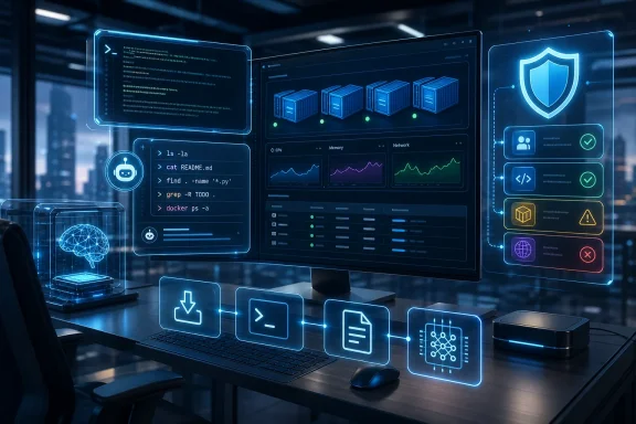 Futuristic workstation with cloud/servers dashboard, code terminal, and security/network icons in a data center.