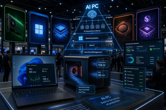 Futuristic AI APC hardware demo with holographic stack, NPU specs, and policy dashboard at a tech expo.