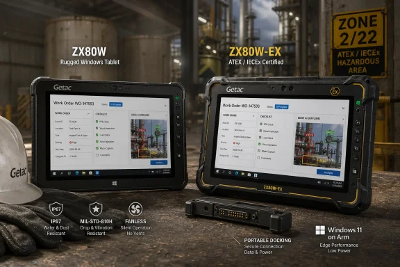 Two rugged Getac tablets display inspection checklists in an industrial facility with an ATEX “Zone 2/22” sign.