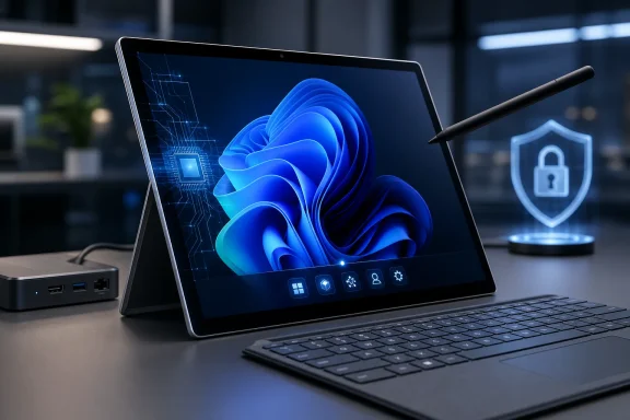 Secure tablet computer setup with Windows interface and shield icon in a modern office.