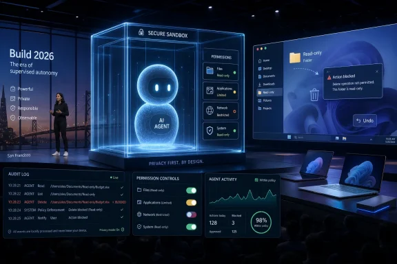 Futuristic conference display shows an AI agent in a secure sandbox with read-only permission controls.