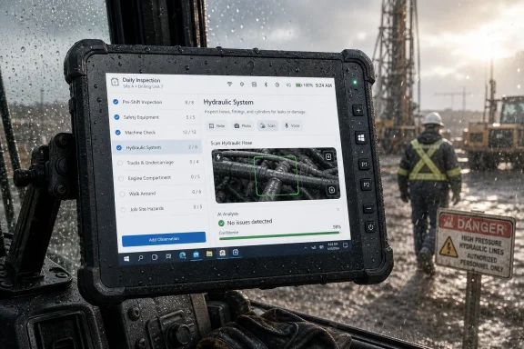 Waterproof tablet displays a hydraulic system inspection checklist on a construction site during rain.