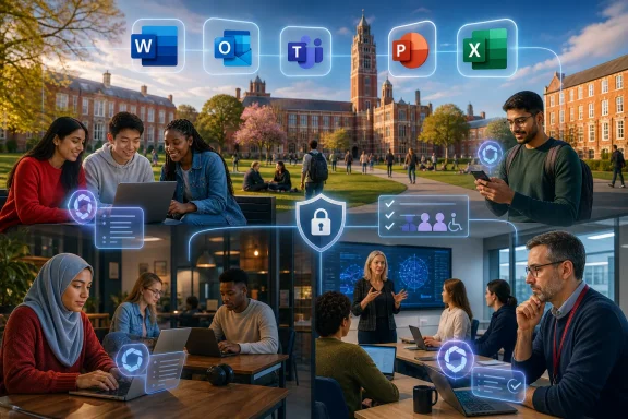 Students on campus use digital productivity and security icons across a split work-and-classroom scene.