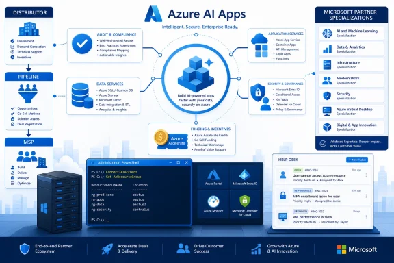 Infographic titled “Azure AI Apps” showing services, governance, funding incentives, and a VM/portal dashboard.