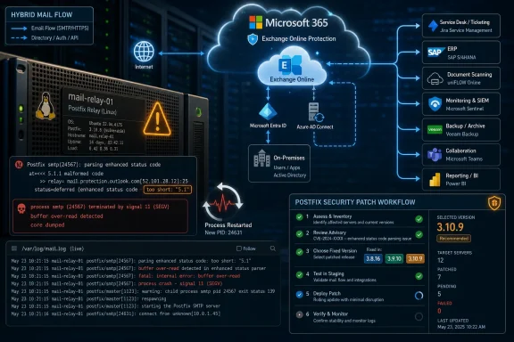 Microsoft 365 hybrid mail flow diagram showing Exchange, Postfix SMTP patch workflow, and monitoring.