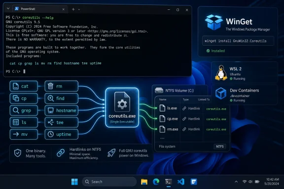 PowerShell shows [ICODE]coreutils --help[/ICODE] while WinGet installs GnuWin32 Coreutils on Windows 11.