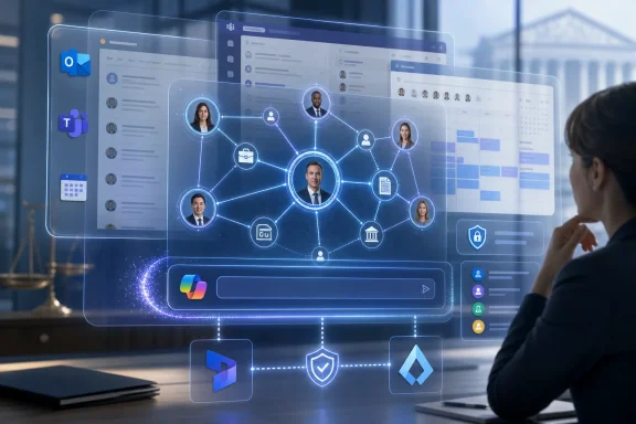 Office professional views a digital network of connected people and documents on transparent screens.