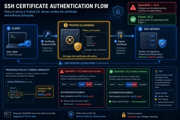 Infographic showing SSH certificate authentication flow and OpenSSH principal parsing comma ambiguity fix.