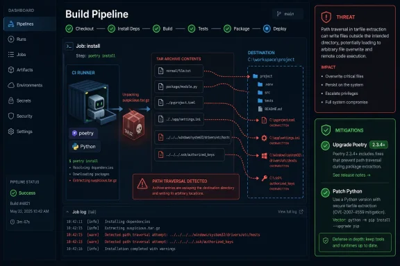 CI/CD build pipeline dashboard shows detected path traversal in tar extraction with threat and mitigation panels.