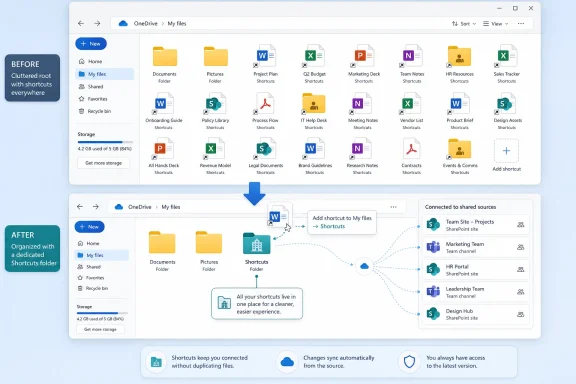 OneDrive file manager UI shows organizing documents with a dedicated Shortcuts folder.