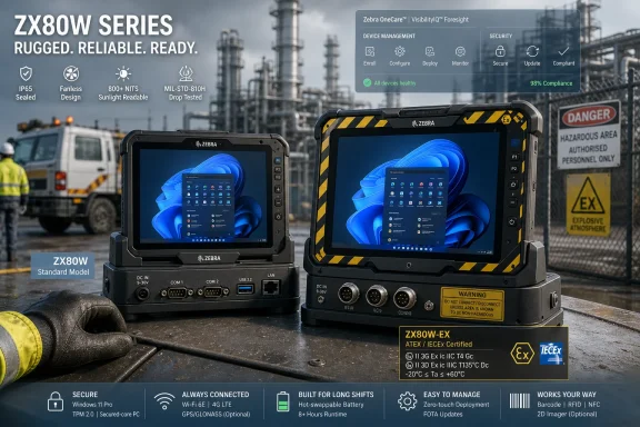 Industrial rugged Zebra ZX80W tablets with cybersecurity UI and “ZX80W-EX” ATEX certification in a factory setting.
