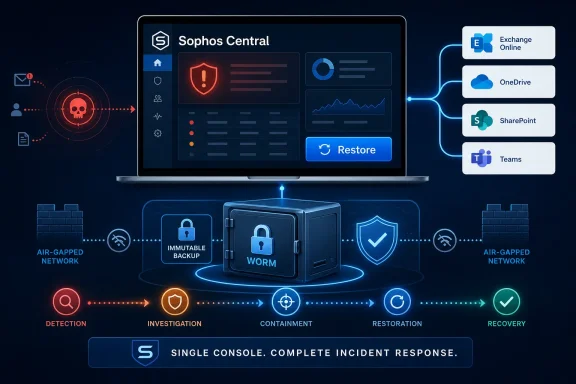 Sophos Central security dashboard on a laptop showing incident response steps with connected Exchange and cloud apps.