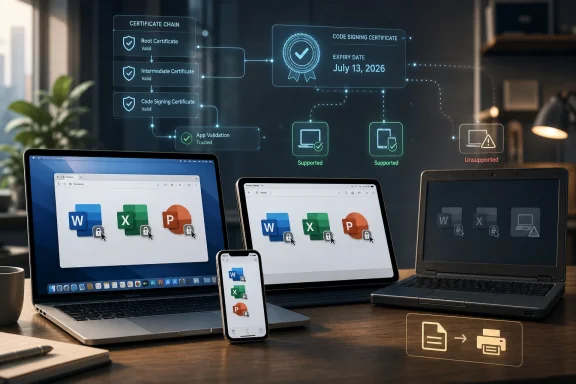 Office laptops and phone display document icons while a certificate chain graphic shows code-signing validation.