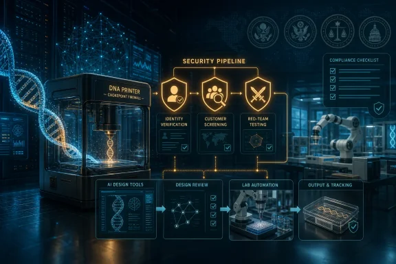 Digital DNA lab automation infographic shows a DNA printer with a security pipeline and compliance checklist.