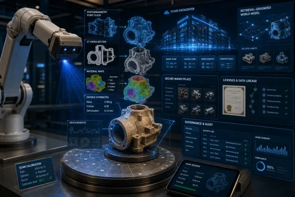 Robotic 3D scanning console displaying photogrammetry and cloud datacenter holographic analytics of a metal part.