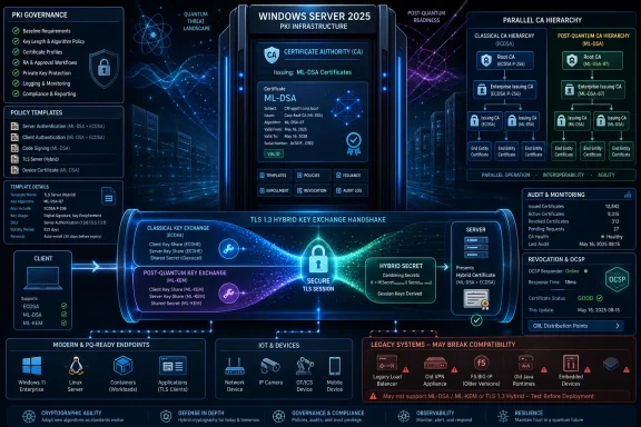 Infographic showing a Windows Server 2025 PKI setup with quantum-safe CA hierarchy and hybrid TLS handshakes.