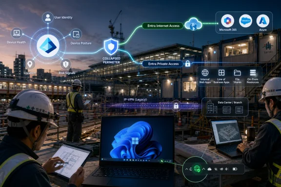 Engineers work at an industrial site while cybersecurity network access icons overlay the scene.