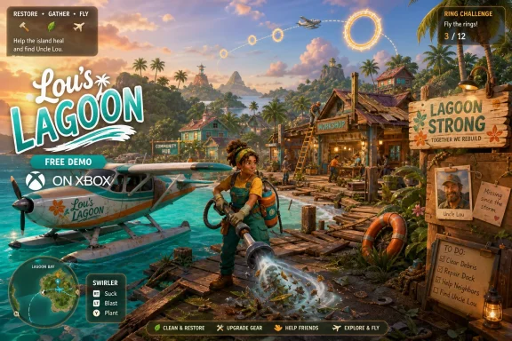 Tropical game promo shows a diver blasting debris on a pier near a plane and “Lou’s Lagoon” sign.