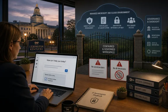 Woman reviews a secure “IT Governance Playbook” on a laptop with Microsoft 365 cloud governance graphics outside.