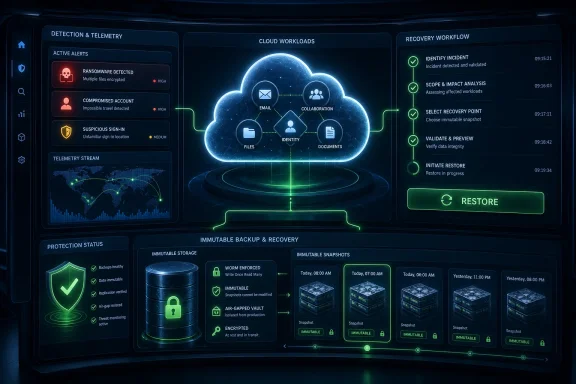 Cloud cybersecurity dashboard showing detection alerts and immutable backup restore workflow with icons and charts.