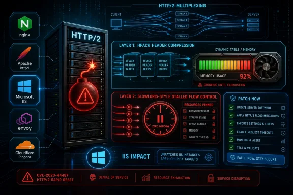 Cybersecurity infographic showing HTTP/2 multiplexing issues, server load, and patch recommendations.