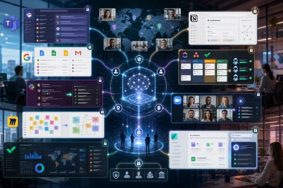 Glowing network of secure digital dashboards and video calls around a central data hub in a modern office.