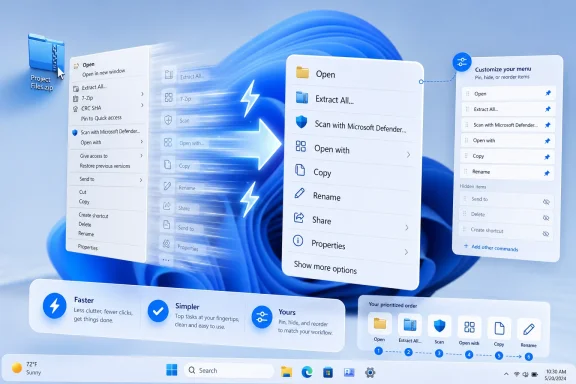 Windows 11 context menu shown over a blue swirl desktop background with zip-file options.