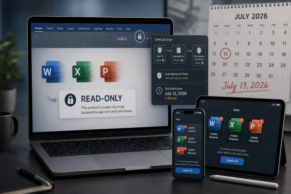 Laptop and tablet show Microsoft Office read-only and update-required warnings, with a July 2026 calendar.