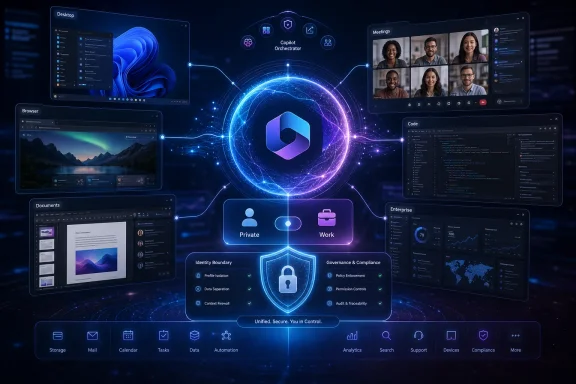 Futuristic interface showing unified secure identity, compliance, and cloud apps with a central shield icon.