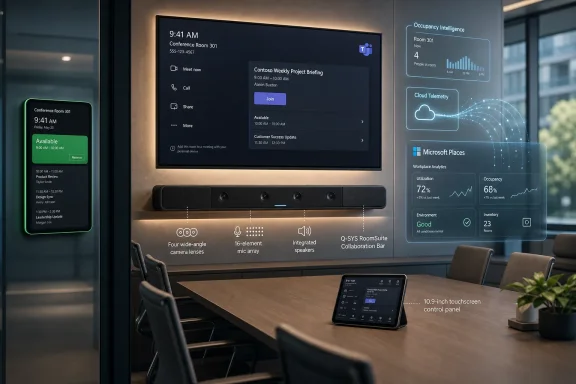 Smart conference room display and control panels showing schedules and occupancy analytics.