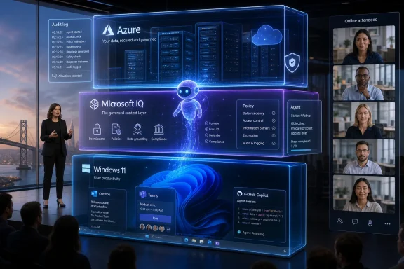 Presenter showcases Microsoft Azure governance and Microsoft IQ in a futuristic holographic dashboard.