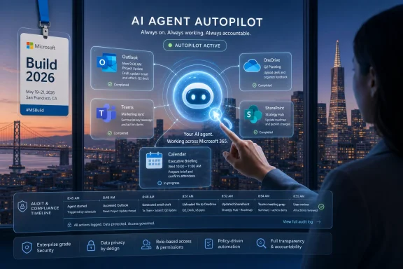 Futuristic Microsoft “AI Agent Autopilot” dashboard with office app tasks over a city skyline.