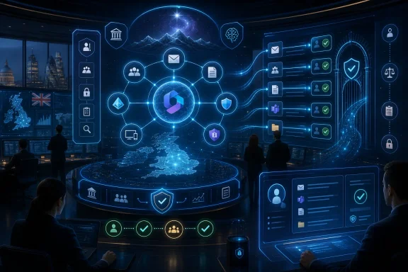 Futuristic security command center with glowing network and shield icons over Europe map.