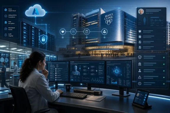 Healthcare professional monitoring cloud-based medical dashboards outside Mayo Clinic at night.