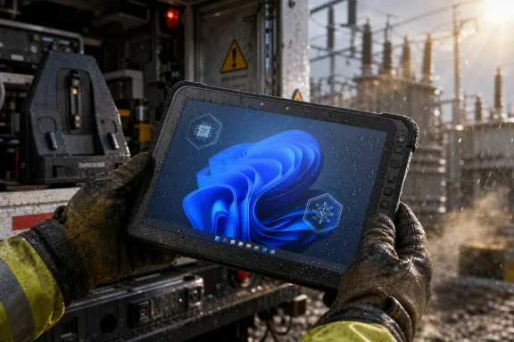 Gloved hands hold a rugged tablet showing a blue Windows logo inside a train maintenance workshop.