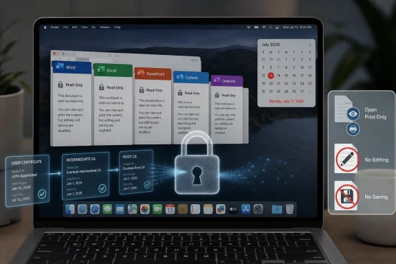 Mac laptop shows read-only document icons, July 2026 calendar, and security lock with no-edit/no-save badges.
