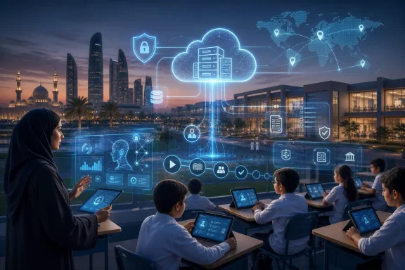 Classroom-style training with cloud and cybersecurity holograms over a city skyline at dusk.