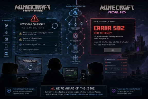 Minecraft Bedrock error screen shows Realms failed to connect—Error 502 Bad Gateway.