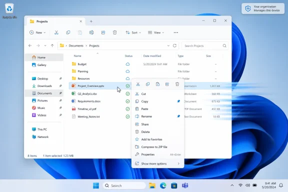Windows File Explorer shows a project folder with a right-click context menu on a blue desktop background.