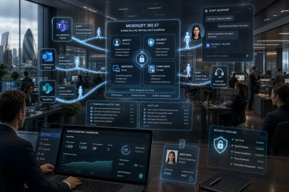 Corporate office scene with holographic Microsoft 365 E7 security dashboard and staff monitoring compliance.