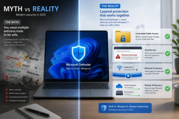Split-screen ad comparing security “Myth vs Reality,” showing Microsoft Defender features on a laptop.