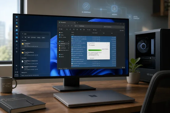 Desktop workspace with dual monitors showing Windows file downloads and search tools on a PC.